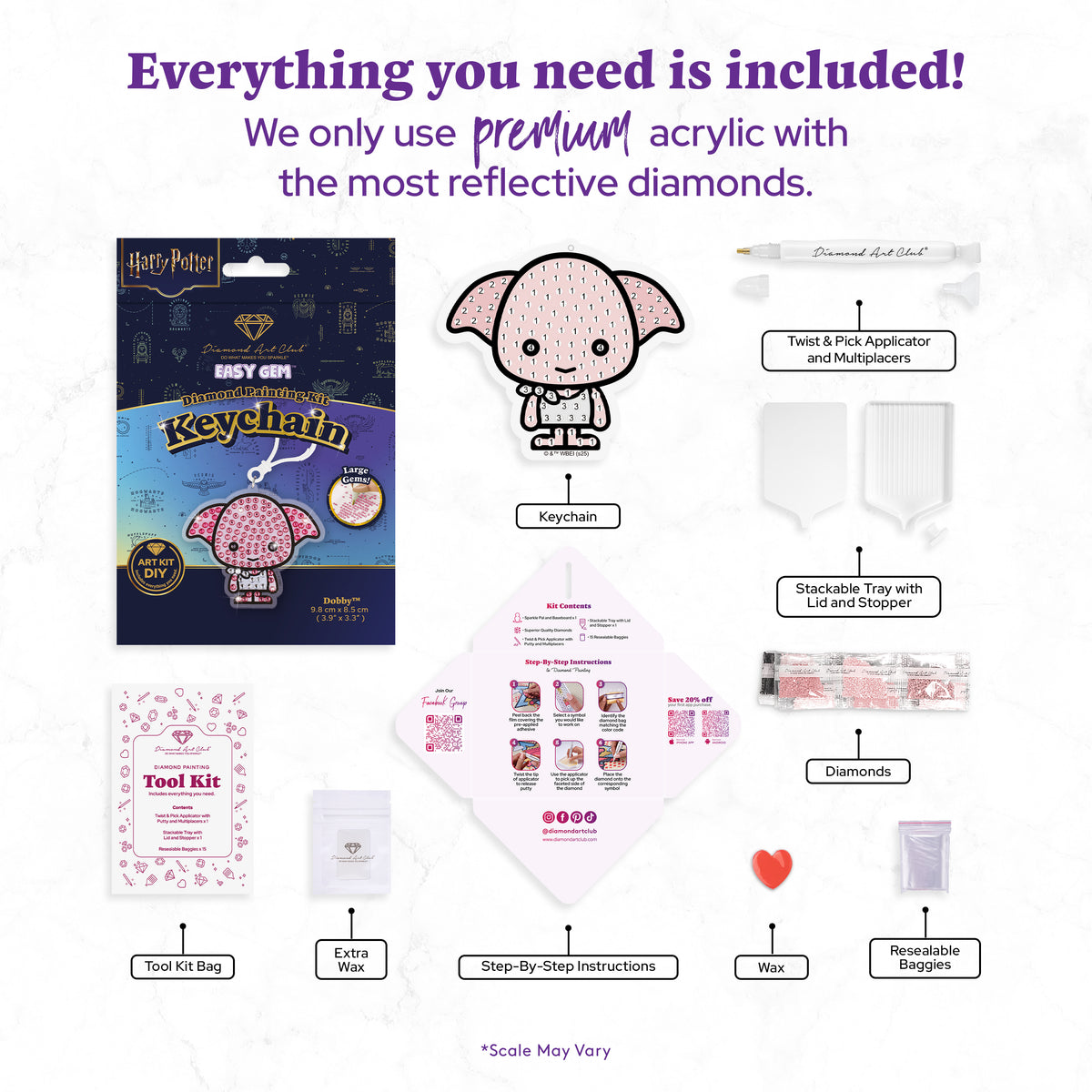 Diamond Painting Keychain - Dobby 3.9" x 3.3" (9.8cm x 8.5cm) / Round With 4 Colors including 4 Iridescent Diamonds / 280
