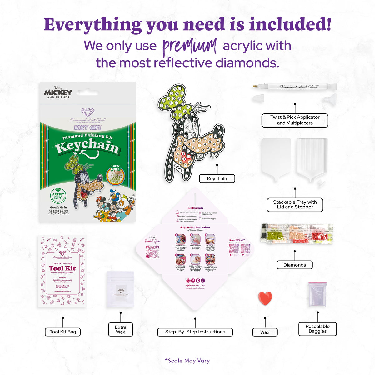 Diamond Painting Keychain - Goofy Grin 3.07" x 2.08" (7.8cm x 5.3cm) / Round With 5 Colors including 5 Iridescent Diamonds / 162