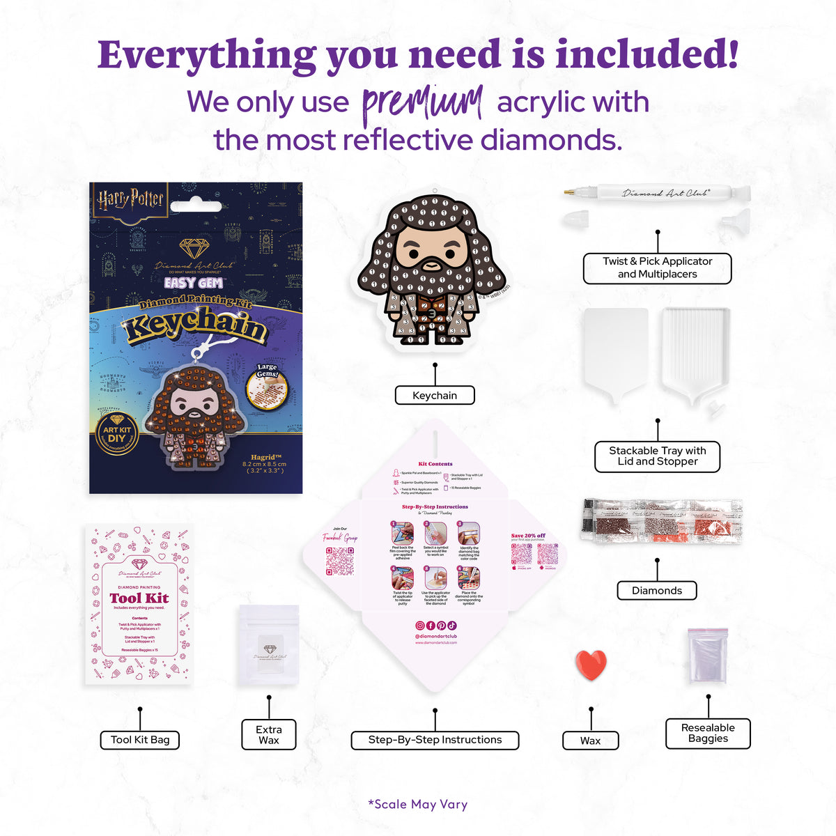 Diamond Painting Keychain - Hagrid 3.2" x 3.3" (8.2cm x 8.5cm) / Round With 3 Colors including 3 Iridescent Diamonds / 210