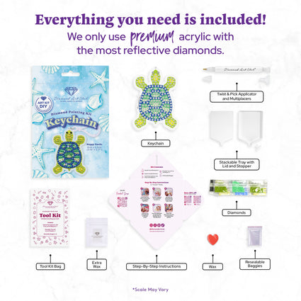 Diamond Painting Keychain - Happy Turtle 3.15" x 2.17" (8cm x 5.5cm) / Round With 6 Colors including 6 Iridescent Diamonds / 225