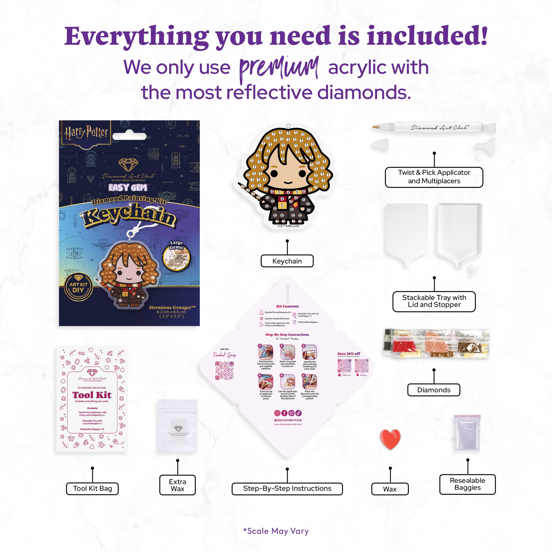 Diamond Painting Keychain - Hermione Granger 3.2" x 3.3" (8.2cm x 8.5cm) / Round With 6 Colors including 6 Iridescent Diamonds / 200
