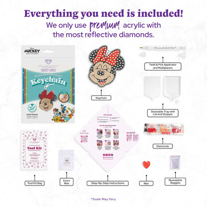 Diamond Painting Keychain - Joyful Minnie 3.07" x 2.67" (7.8cm x 6.8cm) / Round With 3 Colors including 3 Iridescent Diamonds / 288