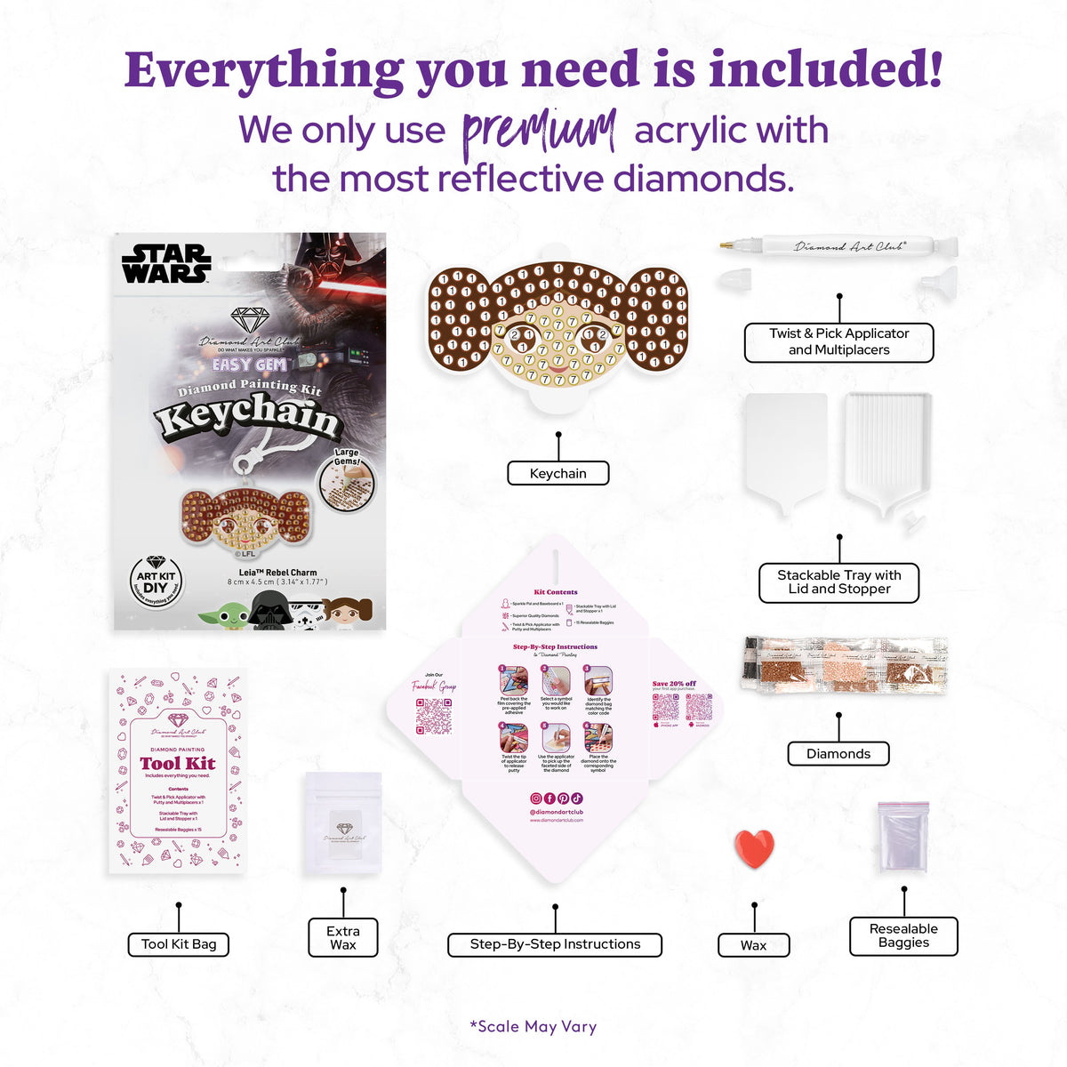 Diamond Painting Keychain - Leia’s Rebel Charm 3.14" x 1.77" (8cm x 4.5cm) / Round With 3 Colors including 3 Iridescent Diamonds / 228