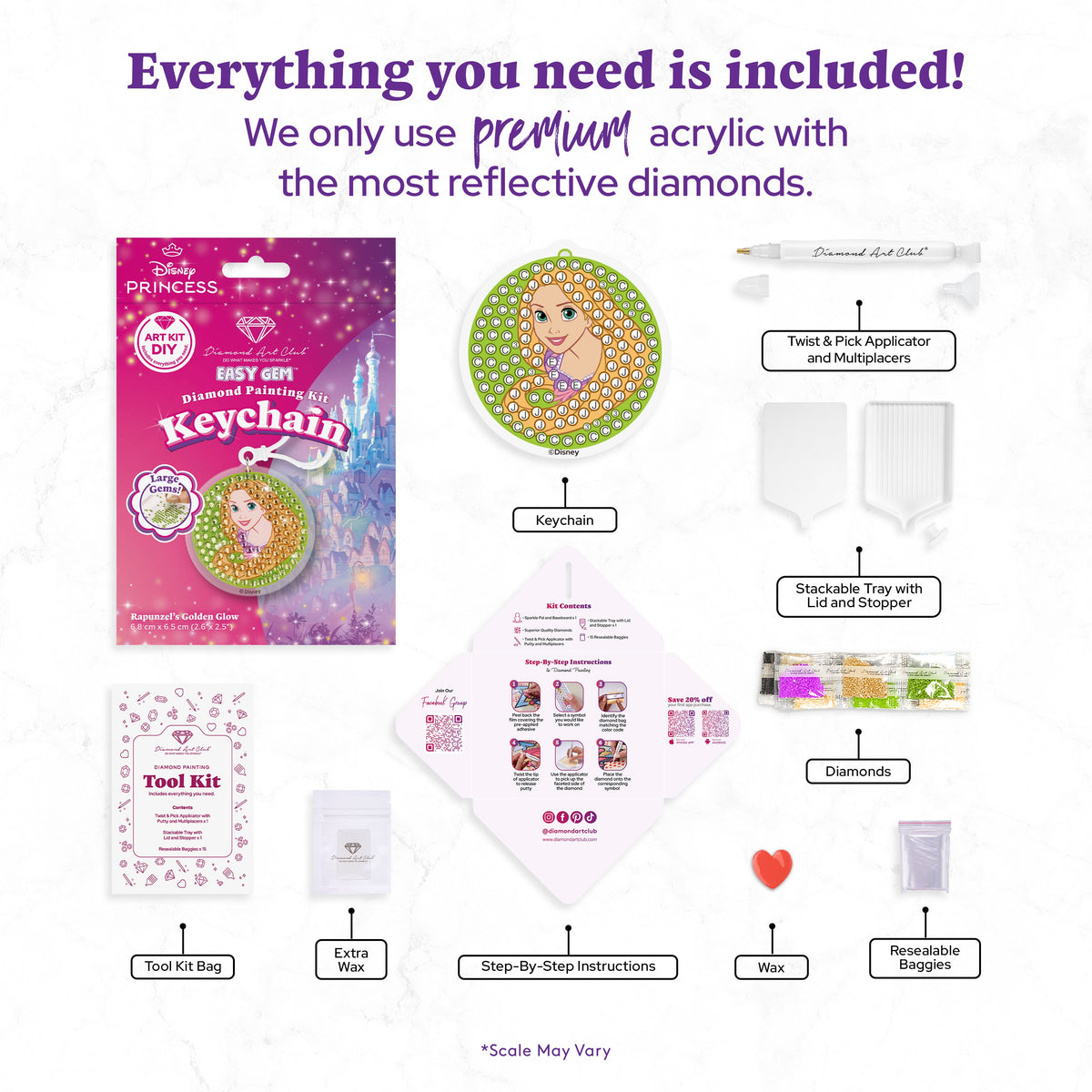 Diamond Painting Keychain - Rapunzel’s Golden Glow 2.6" x 2.5" (6.8cm x 6.5cm) / Round With 4 Colors including 4 Iridescent Diamonds / 252