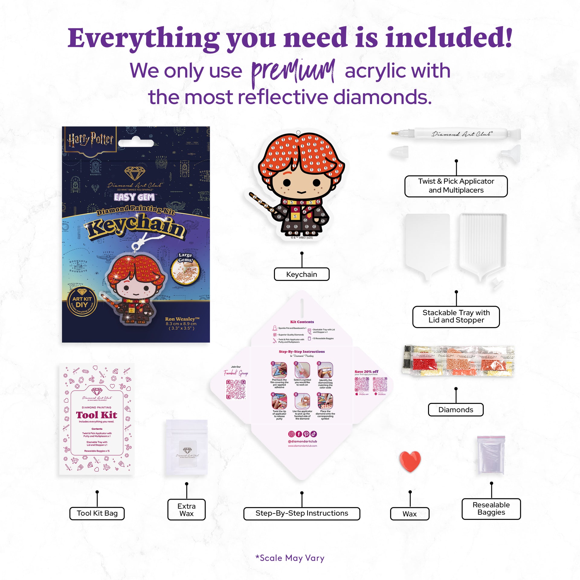 Diamond Painting Keychain - Ron Weasley 3.3" x 3.5" (8.3cm x 8.9cm) / Round With 6 Colors including 6 Iridescent Diamonds / 200