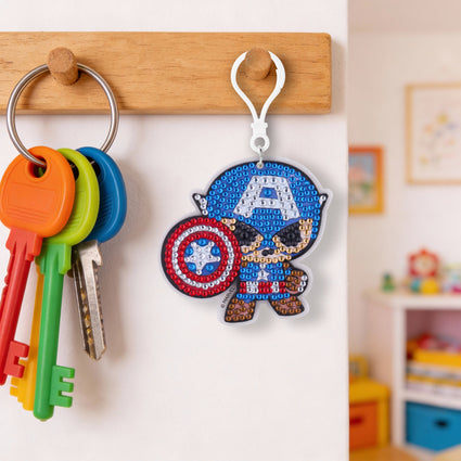 Diamond Painting Keychain - Super Soldier Captain America 3.2" x 2.9" (8.2cm x 7.5cm) / Round With 9 Colors including 9 Iridescent Diamonds / 708