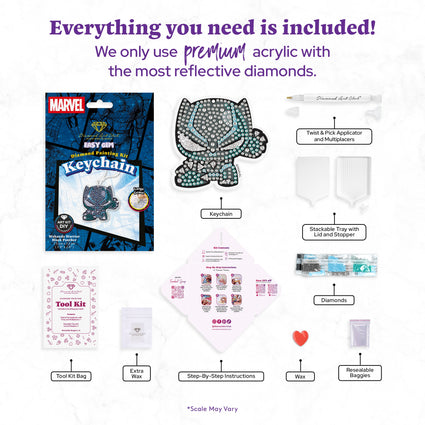 Diamond Painting Keychain - Wakanda Warrior Black Panther 2.9" x 2.8" (7.5cm x 7.2cm) / Round With 7 Colors including 7 Iridescent Diamonds / 654