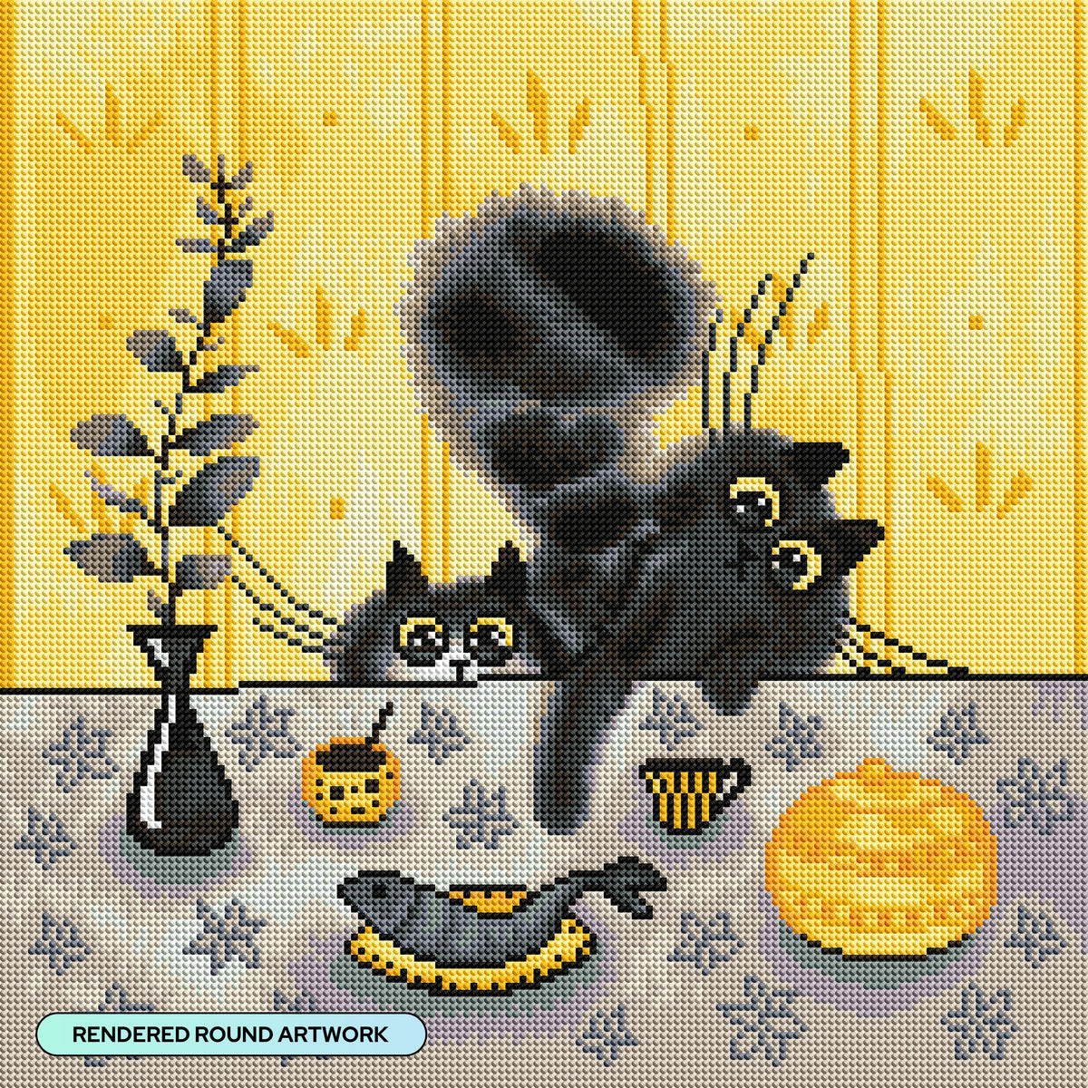 Diamond Painting Kitchen Cats 17" x 17" (42.6cm x 42.6cm) / Round With 22 Colors Including 2 ABs and 2 Fairy Dust Diamonds / 24,025