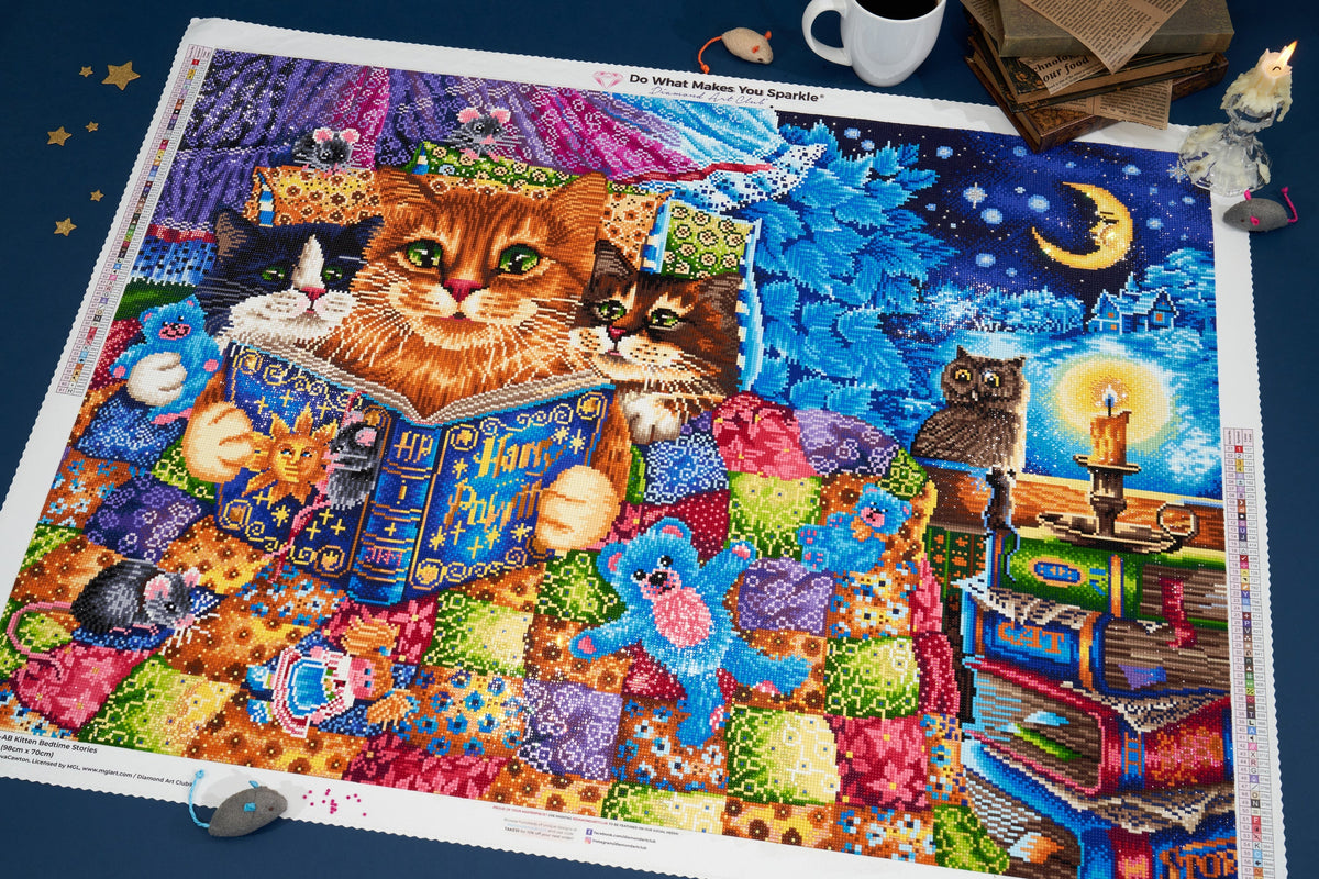 Diamond Painting Kitten Bedtime Stories 38.6" x 27.6" (98cm x 70cm) / Square with 61 Colors including 4 ABs and 1 Iridescent Diamonds / 110,433