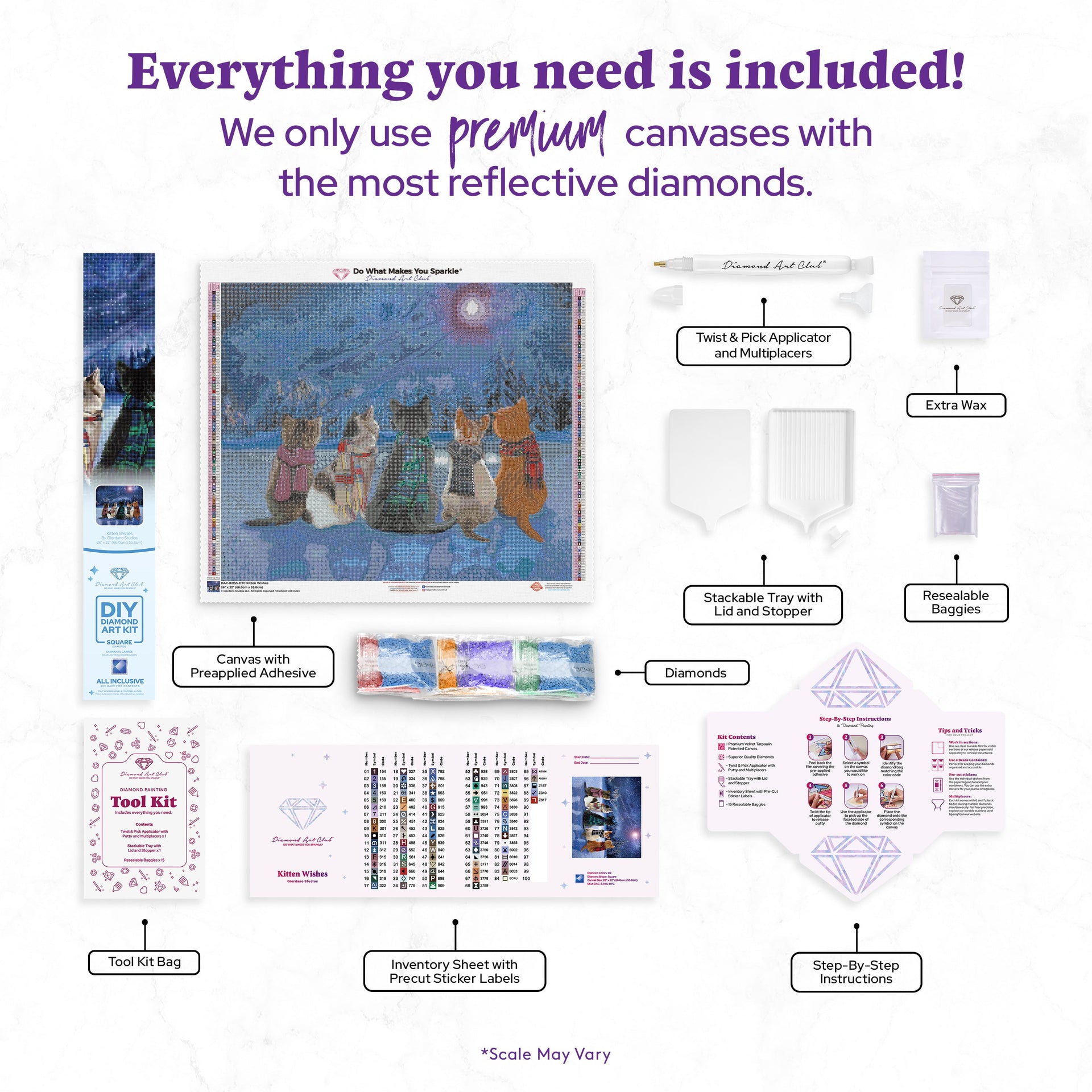 Diamond Painting Kitten Wishes 26" x 22" (66cm x 55.8cm) / Square with 89 Colors including 2 ABs and 3 Fairy Dust Diamonds / 59,360