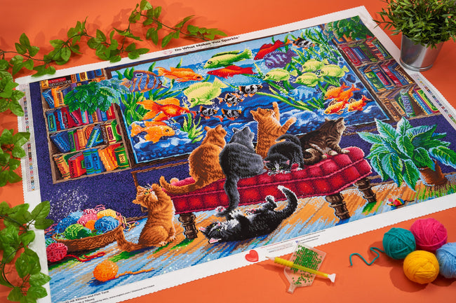 Diamond Painting Kittens and Fish Tank 38.6" x 27.6" (98cm x 70cm) / Square With 60 Colors Including 5 ABs / 110,433
