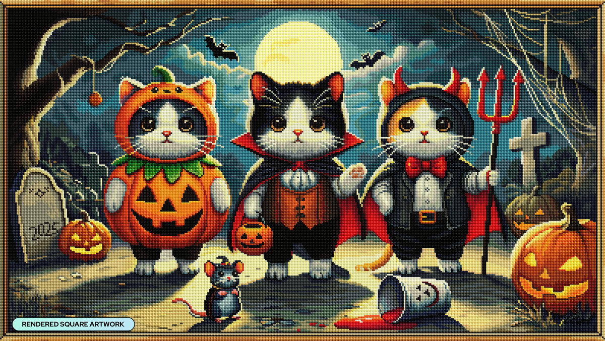 Diamond Painting Kittens in Costumes 39" x 22" (99cm x 56cm) / Square with 63 Colors including 1 AB and 4 Fairy Dust Diamonds / 88,928