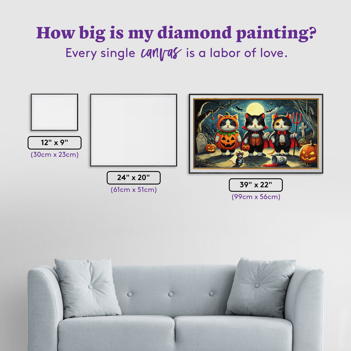 Diamond Painting Kittens in Costumes 39" x 22" (99cm x 56cm) / Square with 63 Colors including 1 AB and 4 Fairy Dust Diamonds / 88,928