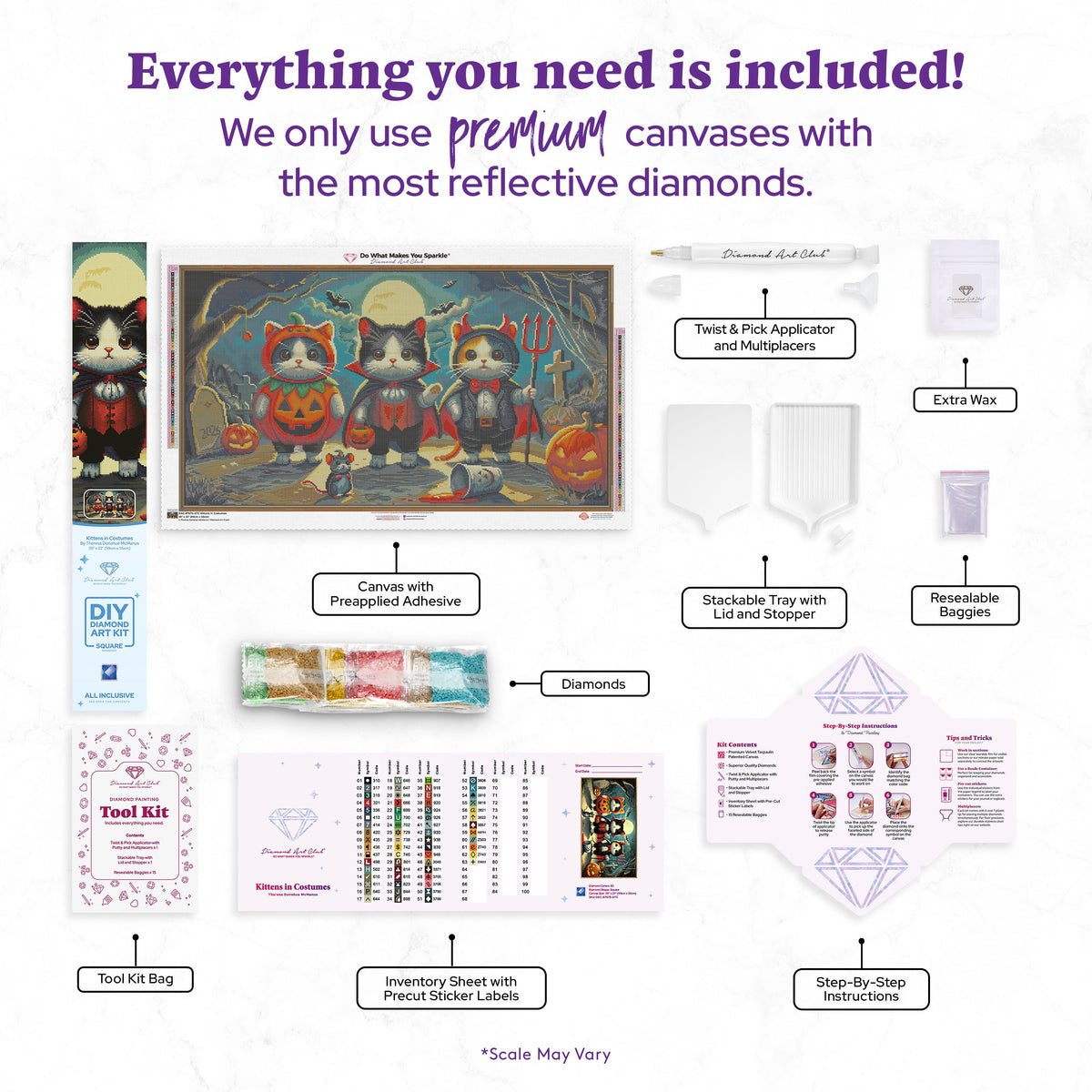 Diamond Painting Kittens in Costumes 39" x 22" (99cm x 56cm) / Square with 63 Colors including 1 AB and 4 Fairy Dust Diamonds / 88,928