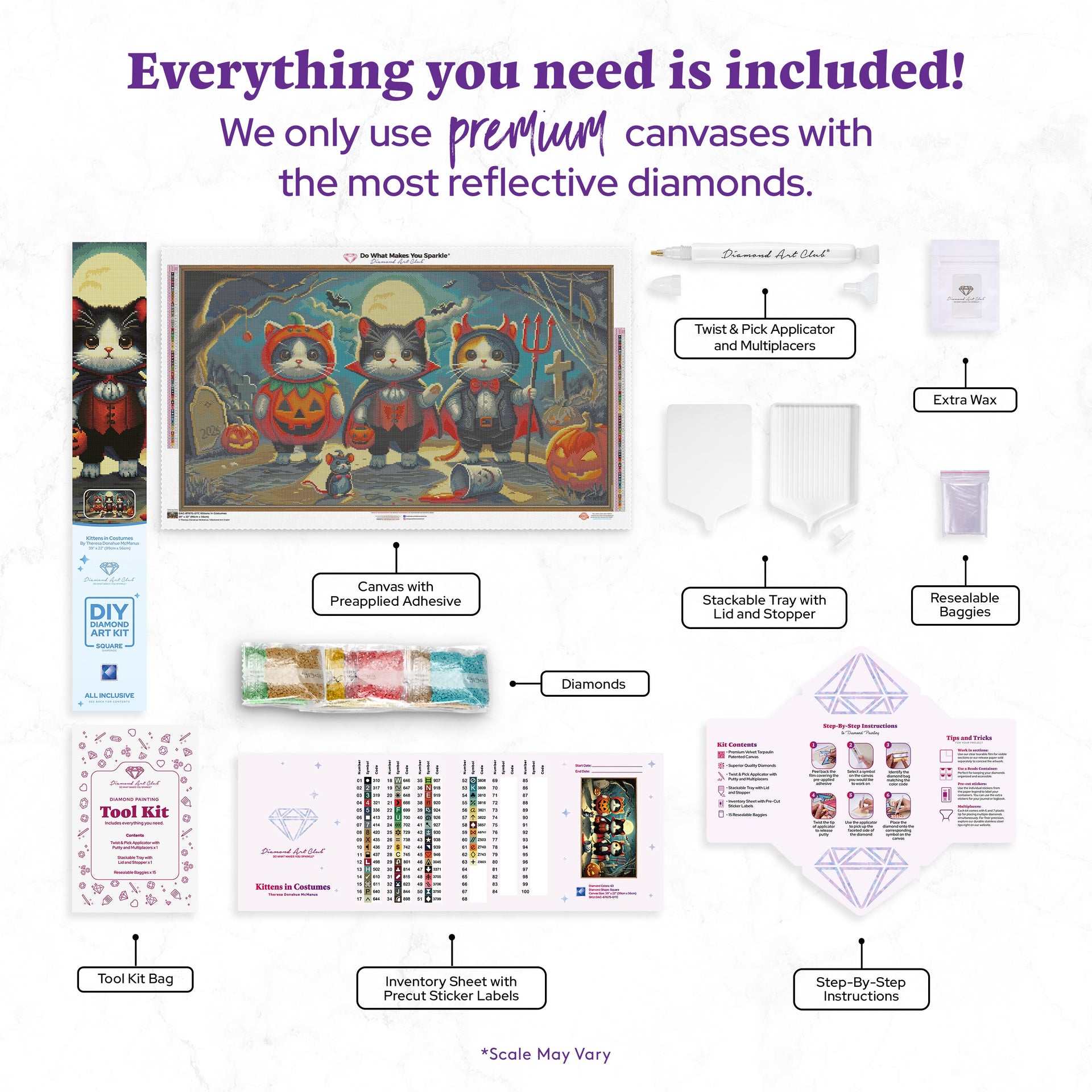 Diamond Painting Kittens in Costumes 39" x 22" (99cm x 56cm) / Square with 63 Colors including 1 AB and 4 Fairy Dust Diamonds / 88,928