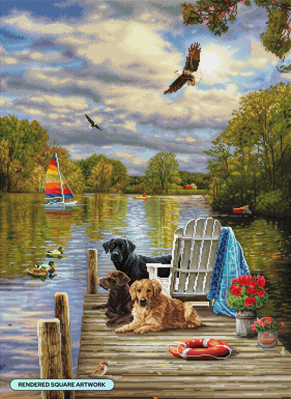 Diamond Painting Lake Dogs 27.5" x 37.7" (69.9cm x 95.8cm) / Square with 93 Colors including 3 ABs and 2 Fairy Dust Diamonds / 108,185