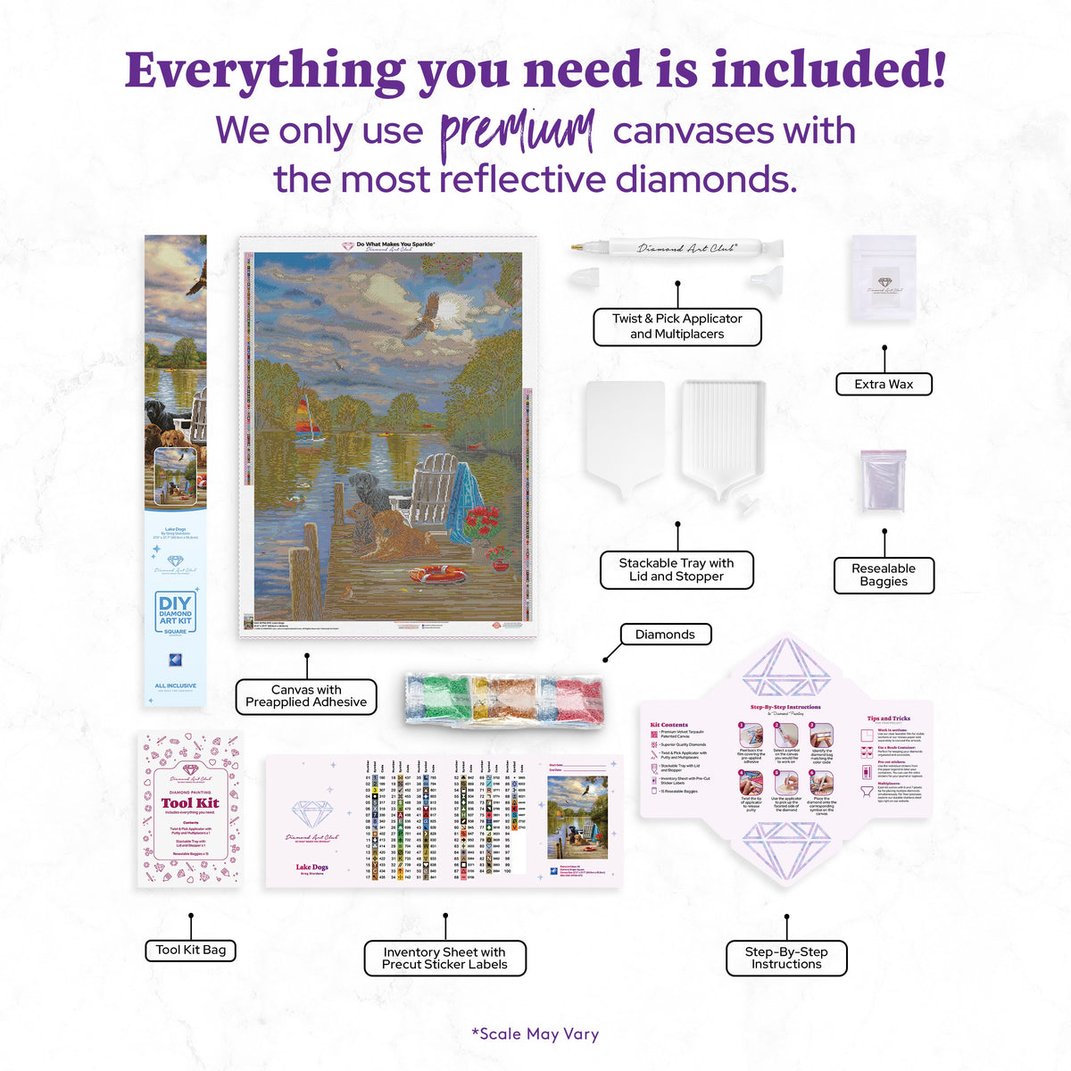 Diamond Painting Lake Dogs 27.5" x 37.7" (69.9cm x 95.8cm) / Square with 93 Colors including 3 ABs and 2 Fairy Dust Diamonds / 108,185