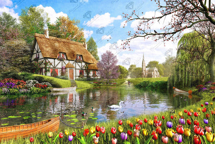 Diamond Painting Lakeside Cottage 41.3" x 27.6" (105cm x 70cm) / Square with 60 Colors including 4 AB Diamonds and 2 Fairy Dust Diamonds / 118,301