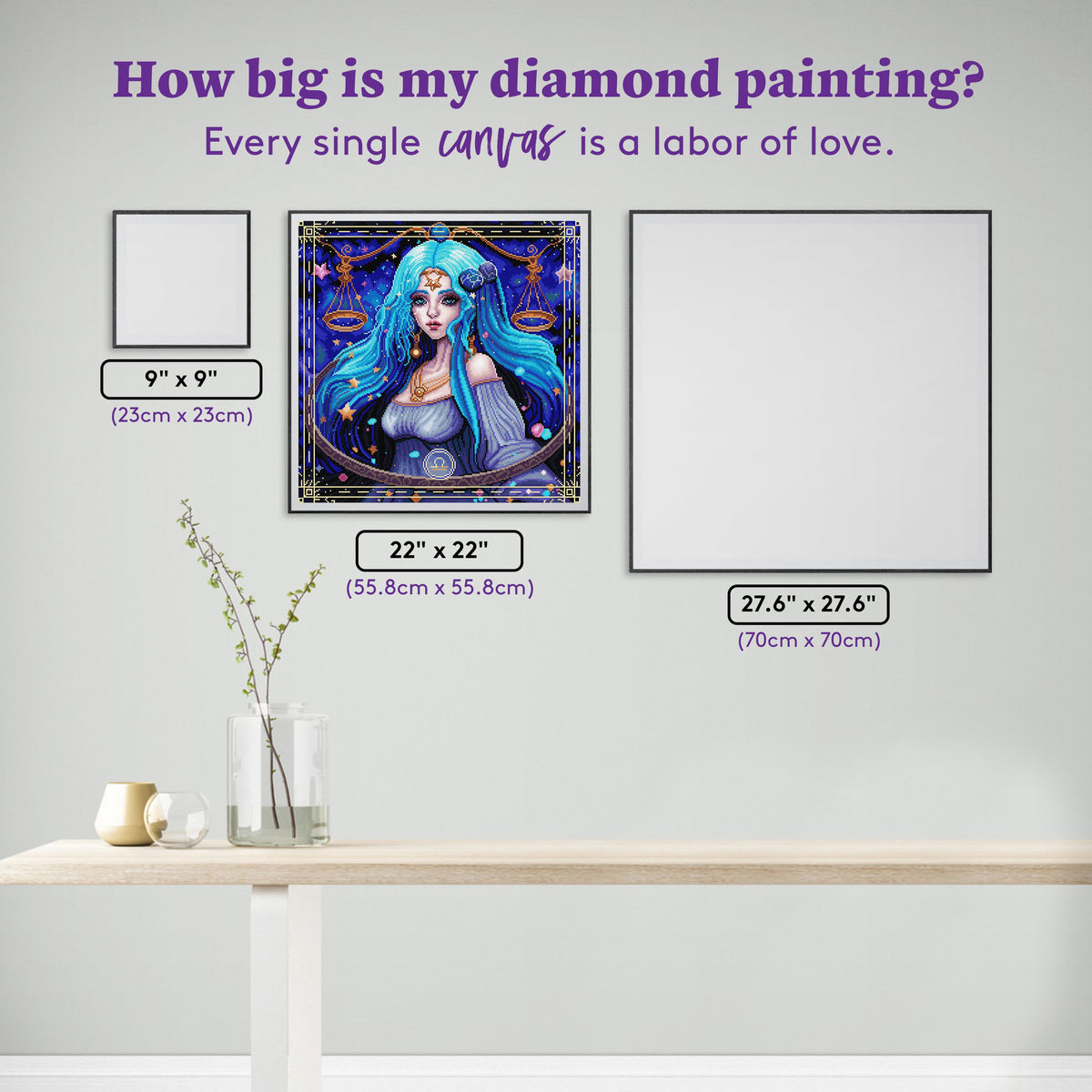 Diamond Painting Libra - AS 22" x 22" (55.8cm x 55.8cm) / Square with 53 Colors including 3 ABs Diamonds 1 Iridescent Diamonds and 1 Fairy Dust Diamonds / 50,176