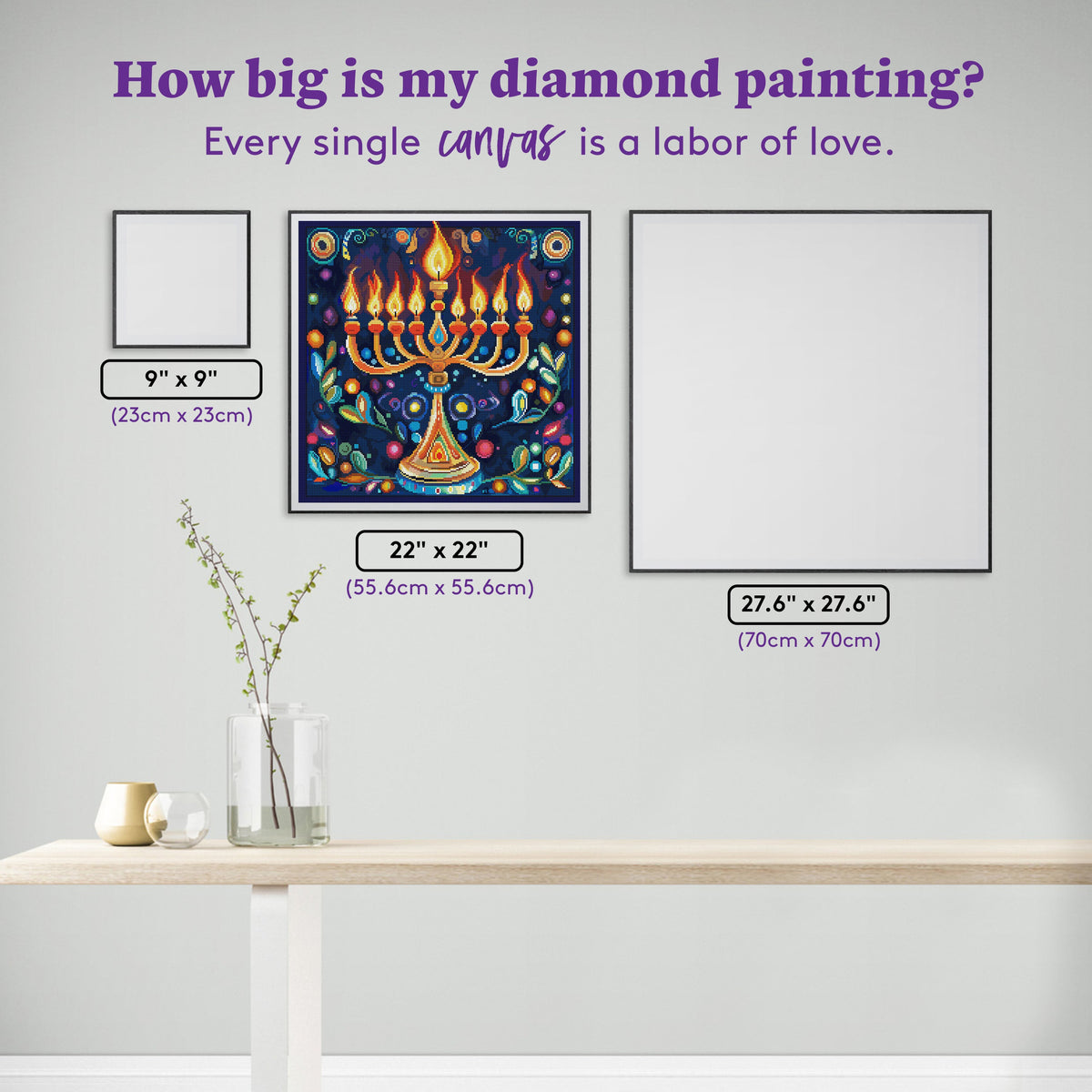Diamond Painting Lighted Menorah 22" x 22" (55.6cm x 55.6cm) / Round with 61 Colors including 3 ABs and 1 Electro Diamond and 3 Fairy Dust Diamonds / 40,804