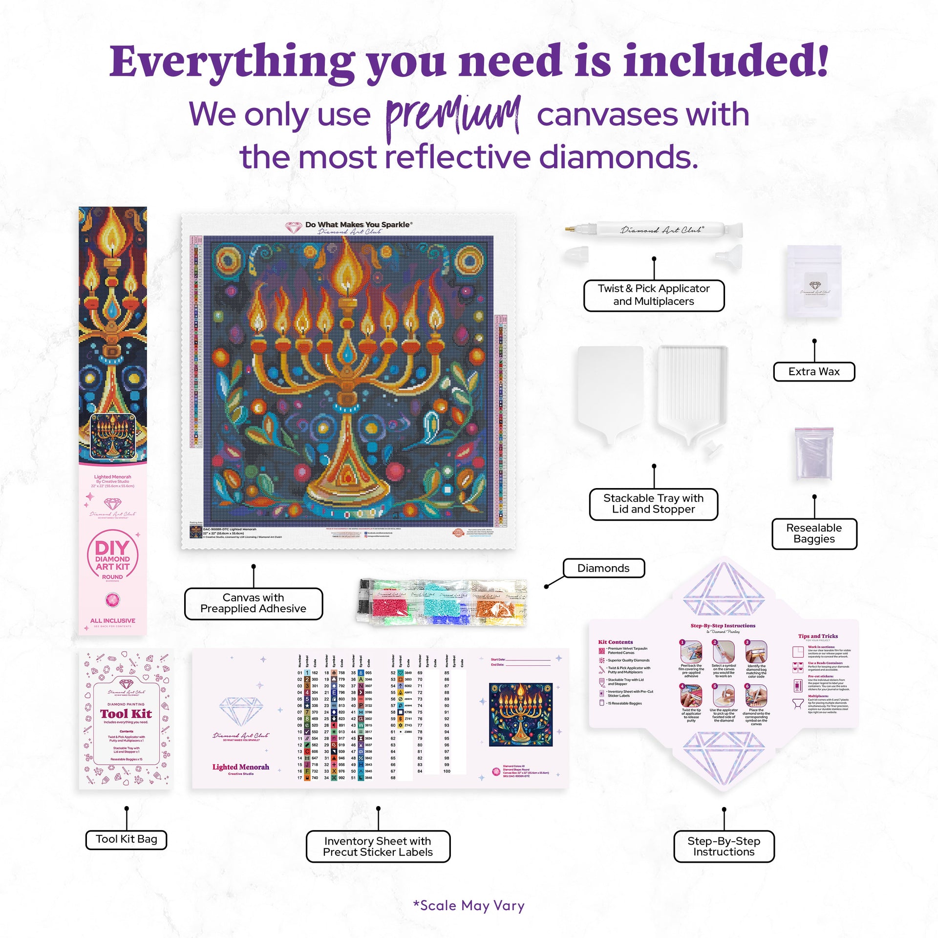 Diamond Painting Lighted Menorah 22" x 22" (55.6cm x 55.6cm) / Round with 61 Colors including 3 ABs and 1 Electro Diamond and 3 Fairy Dust Diamonds / 40,804