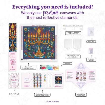 Diamond Painting Lighted Menorah 22" x 22" (55.6cm x 55.6cm) / Round with 61 Colors including 3 ABs and 1 Electro Diamond and 3 Fairy Dust Diamonds / 40,804