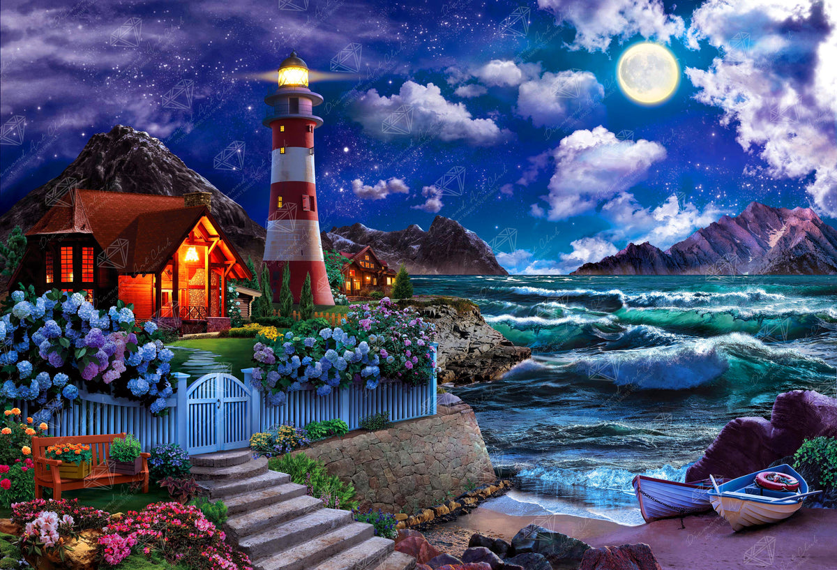 Diamond Painting Lighthouse in the Night 40.6" x 27.6" (103cm x 70cm) / Square with 72 Colors including 4 ABs and 3 Fairy Dust Diamonds / 116,053