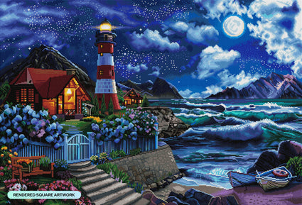Diamond Painting Lighthouse in the Night 40.6" x 27.6" (103cm x 70cm) / Square with 72 Colors including 4 ABs and 3 Fairy Dust Diamonds / 116,053
