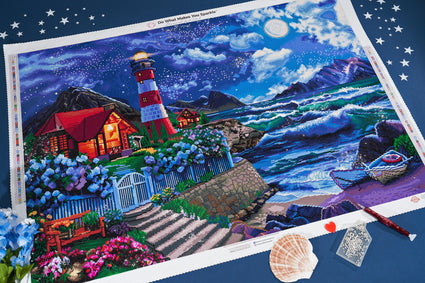 Diamond Painting Lighthouse in the Night 40.6" x 27.6" (103cm x 70cm) / Square with 72 Colors including 4 ABs and 3 Fairy Dust Diamonds / 116,053