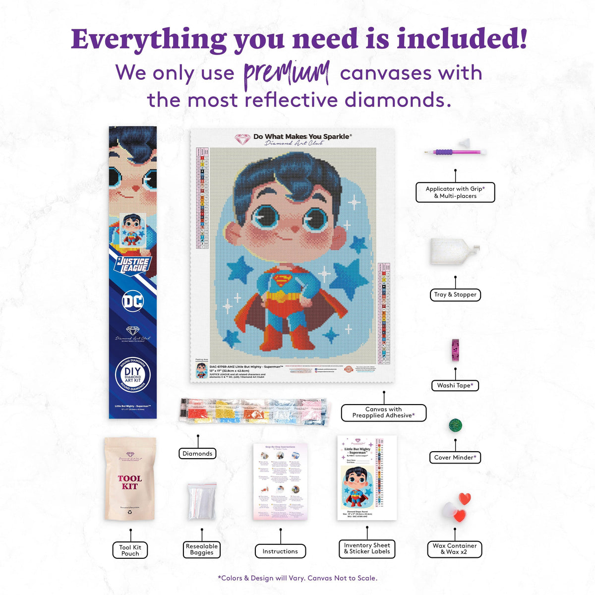 Diamond Painting Little But Mighty - Superman™ 13" x 17" (32.8cm x 42.6cm) / Round With 28 Colors Including 3 ABs and 1 Fairy Dust Diamonds / 17,784