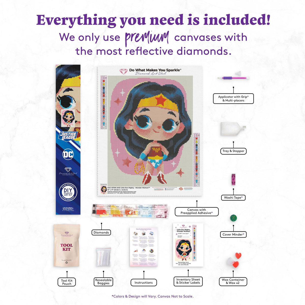 Diamond Painting Little But Mighty - Wonder Woman™-AMZ 13" x 17" (32.8cm x 42.6cm) / Round With 29 Colors Including 3 ABs and 1 Iridescent Diamonds / 17,784