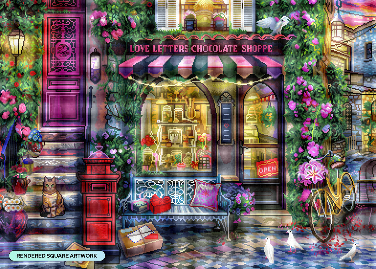 Diamond Painting Love Letters Chocolate Shoppe 38.6" x 27.6" (97.8cm x 69.9cm) / Square With 87 Colors Including 2 ABs and 1 Special Diamond and 6 Fairy Dust Diamonds / 110,433