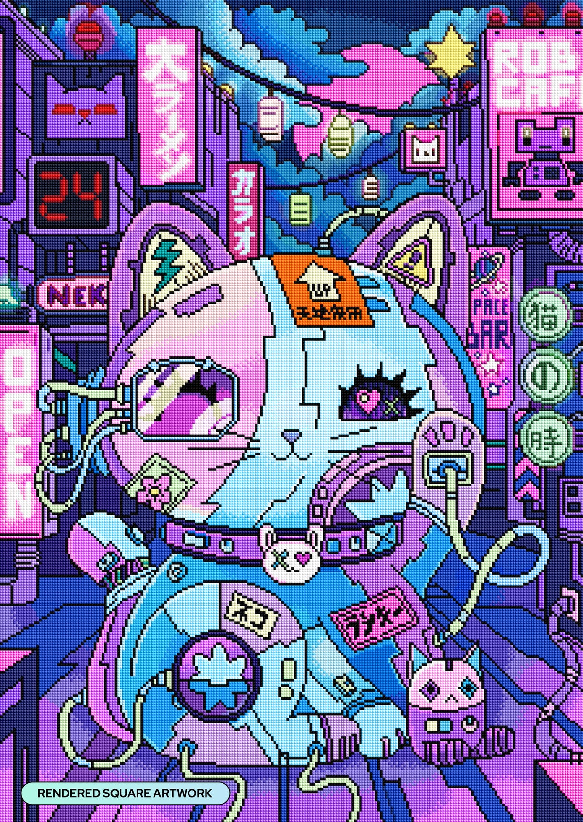 Diamond Painting Lucky Cat Cyber Punk 22" x 31" (55.8cm x 78.7cm) / Square with 59 Colors including 1 Iridescent Diamond and 5 Fairy Dust Diamonds / 70,784