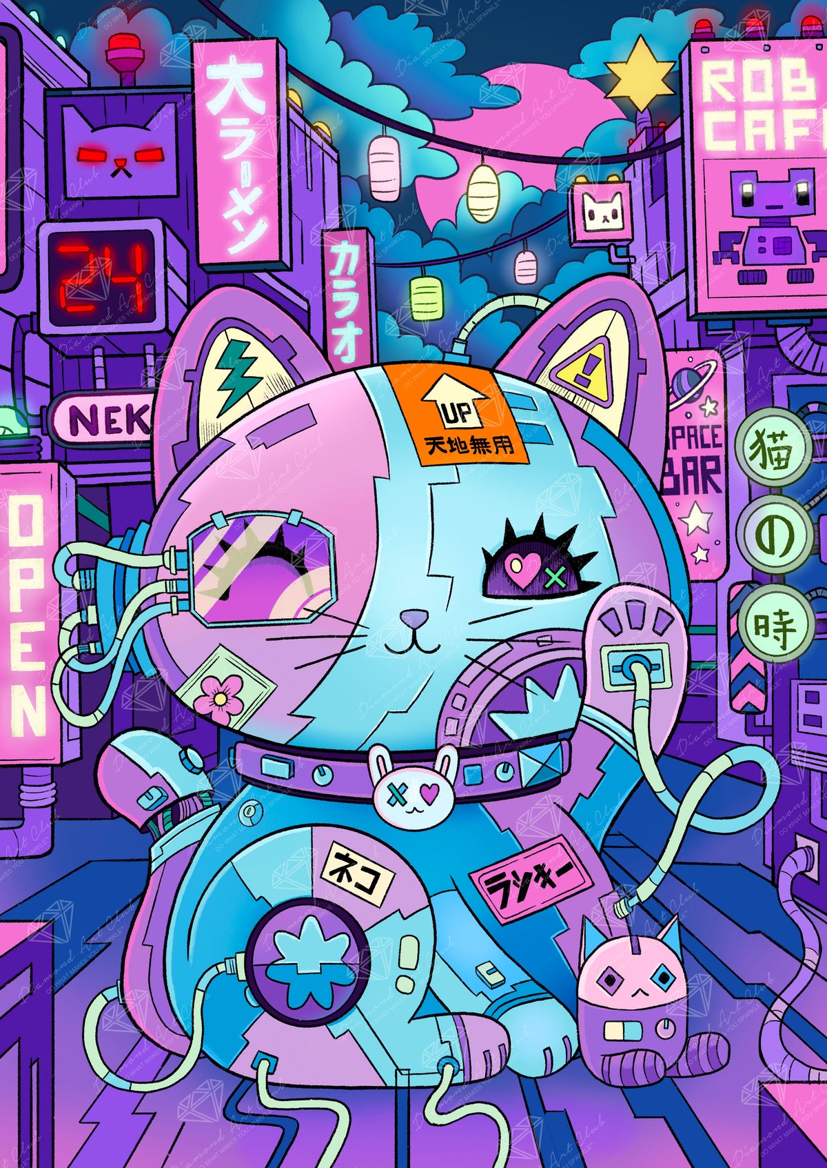 Diamond Painting Lucky Cat Cyber Punk 22" x 31" (55.8cm x 78.7cm) / Square with 59 Colors including 1 Iridescent Diamond and 5 Fairy Dust Diamonds / 70,784