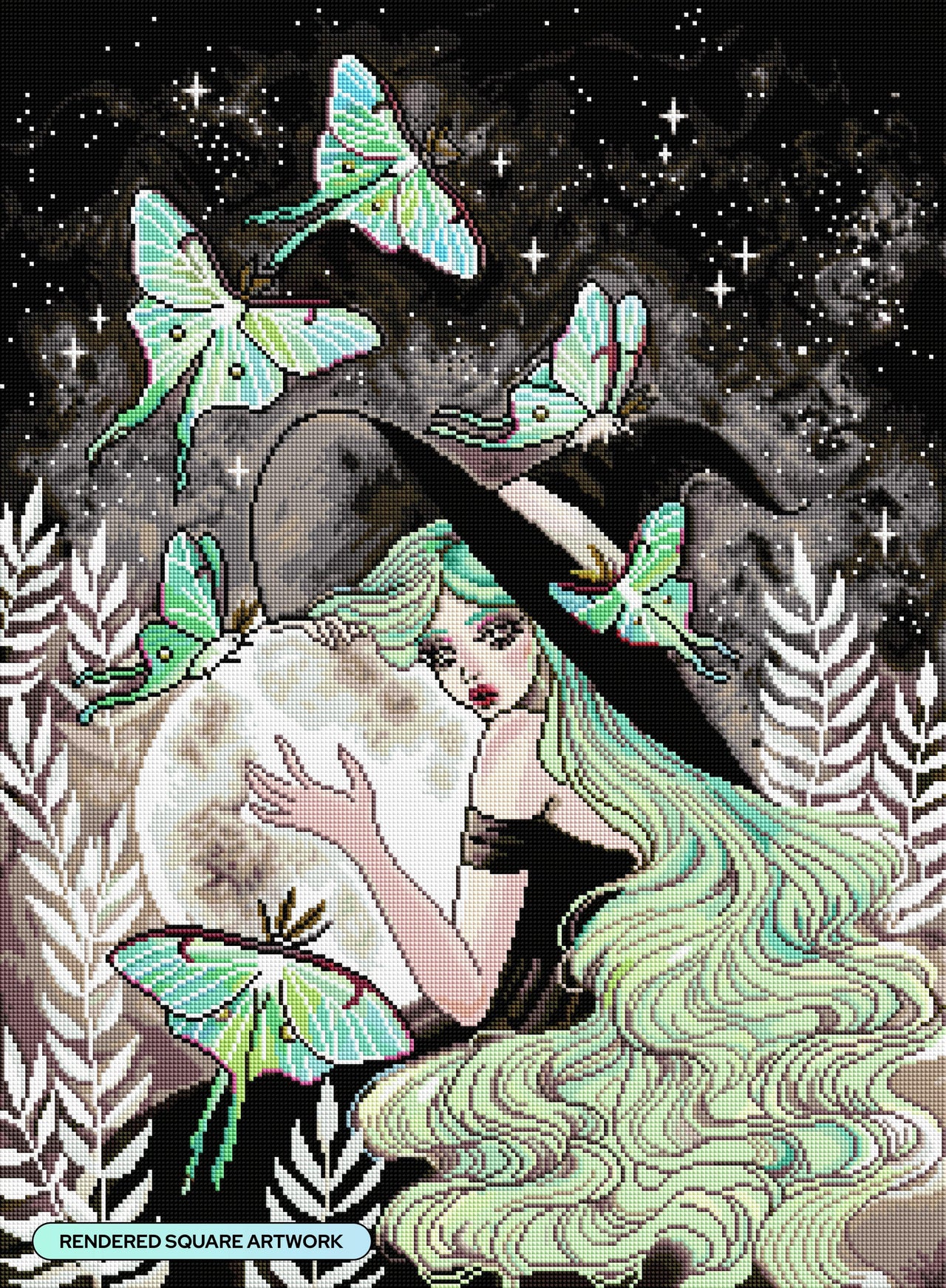 Diamond Painting Luna Moth Witch 22" x 30" (55.8cm x 76cm) / Square with 40 Colors including 1 AB Diamonds and 2 Fairy Dust Diamonds / 68,320