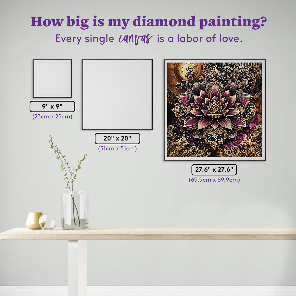 Diamond Painting Magenta Gold Lotus Mandala 27.6" x 27.6" (69.9cm x 69.9cm) / Square with 29 Colors including 2 ABs and 4 Fairy Dust Diamonds / 78,961