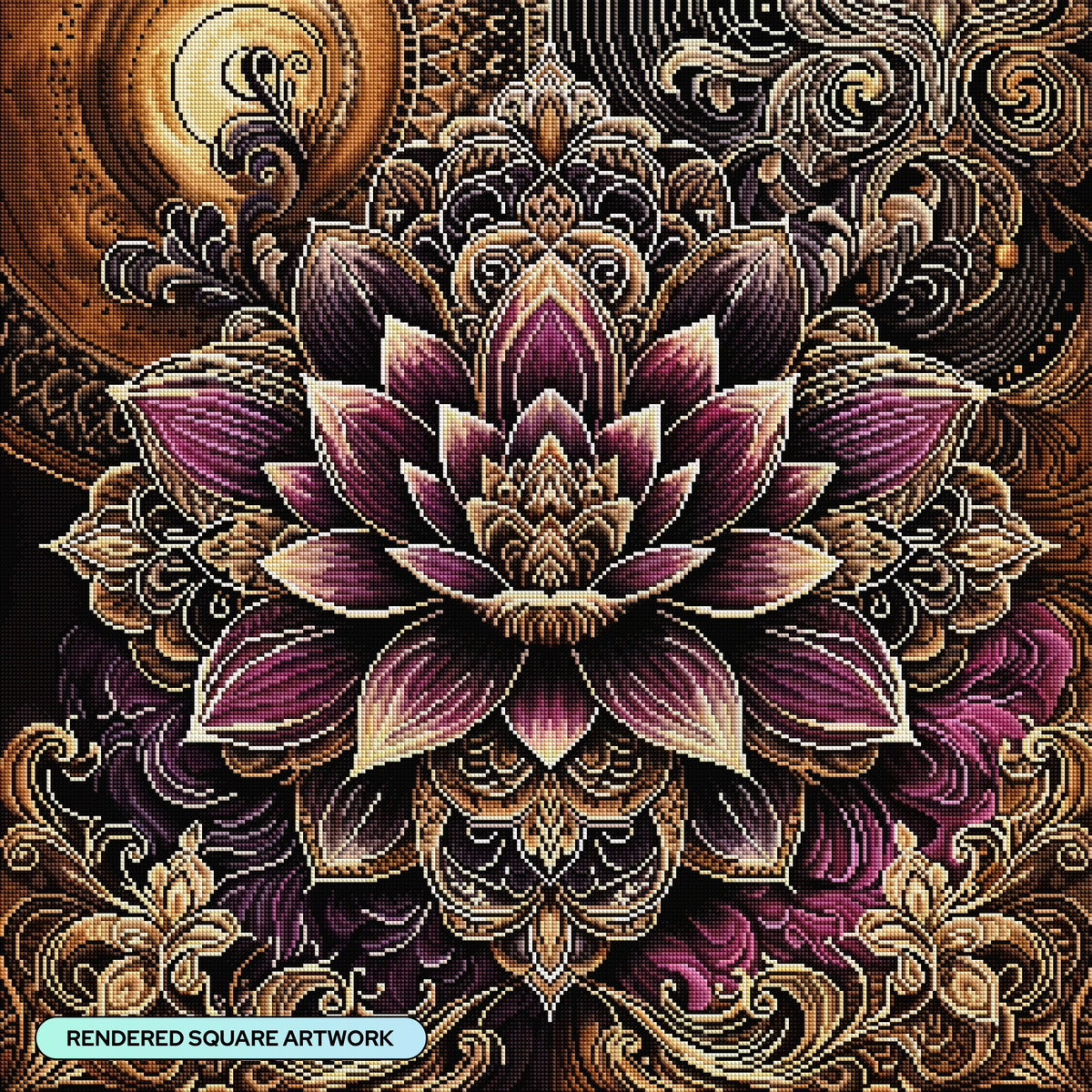 Diamond Painting Magenta Gold Lotus Mandala 27.6" x 27.6" (69.9cm x 69.9cm) / Square with 29 Colors including 2 ABs and 4 Fairy Dust Diamonds / 78,961