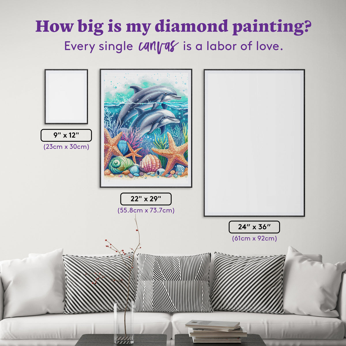 Diamond Painting Majestic Dolphins 22" x 29" (55.8cm x 73.7cm) / Square with 89 Colors including 2 ABs and 5 Fairy Dust Diamonds / 66,304