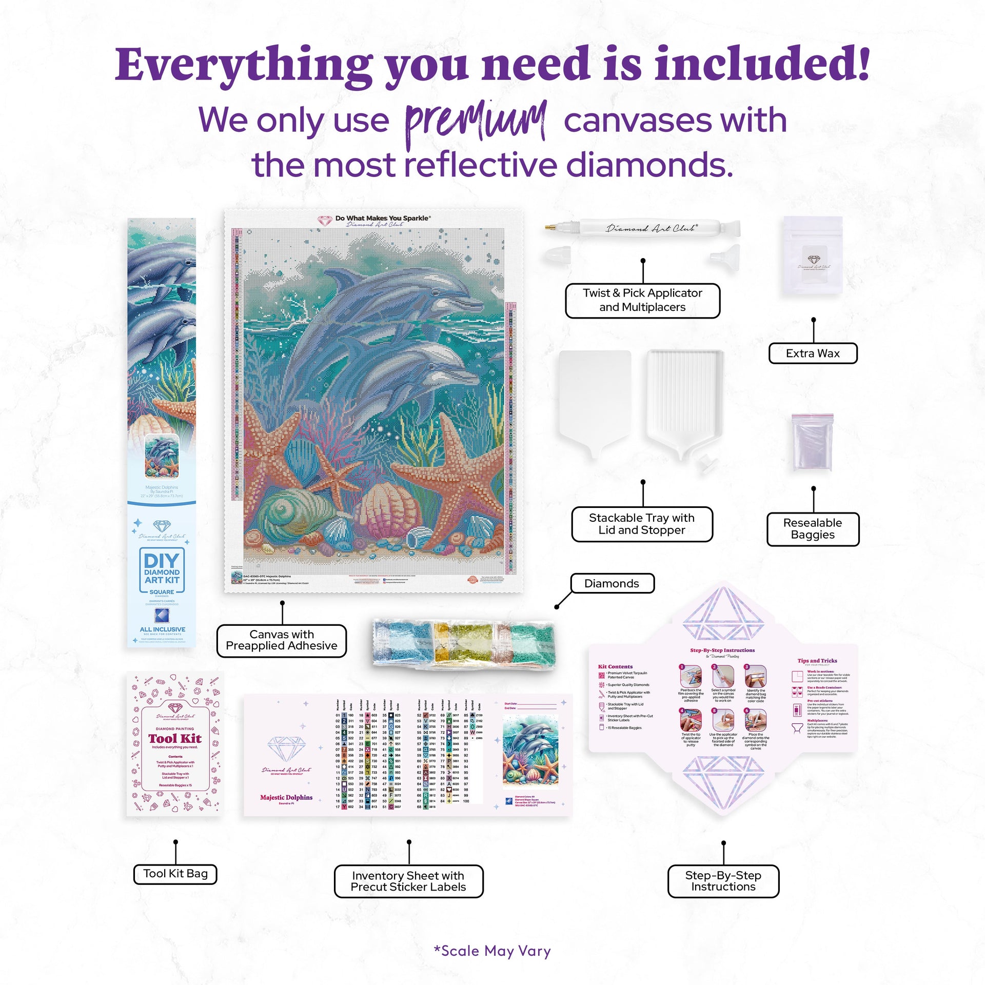 Diamond Painting Majestic Dolphins 22" x 29" (55.8cm x 73.7cm) / Square with 89 Colors including 2 ABs and 5 Fairy Dust Diamonds / 66,304