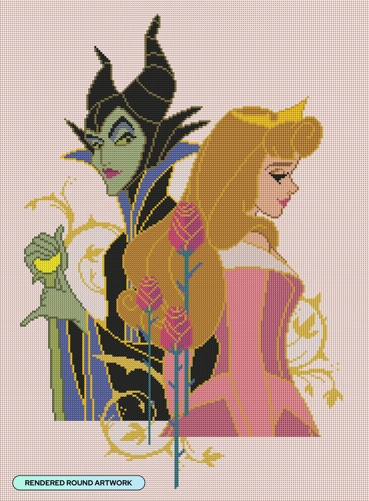 Diamond Painting Maleficent and Aurora 20" x 27" (50.6cm x 68.8cm) / Round with 24 Colors including 1 AB and 1 Electro Diamond and 1 Iridescent Diamond and 2 Fairy Dust Diamonds / 46,000