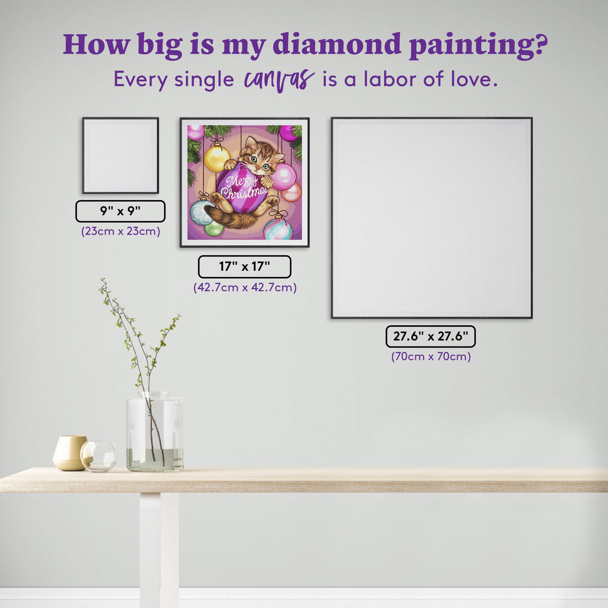 Diamond Painting Merry Christmas Kitten 17" x 17" (42.7cm x 42.7cm) / Round with 70 Colors including 3 ABs and 1 Electro Diamond and 1 Iridescent Diamond and 2 Fairy Dust Diamonds / 24,025