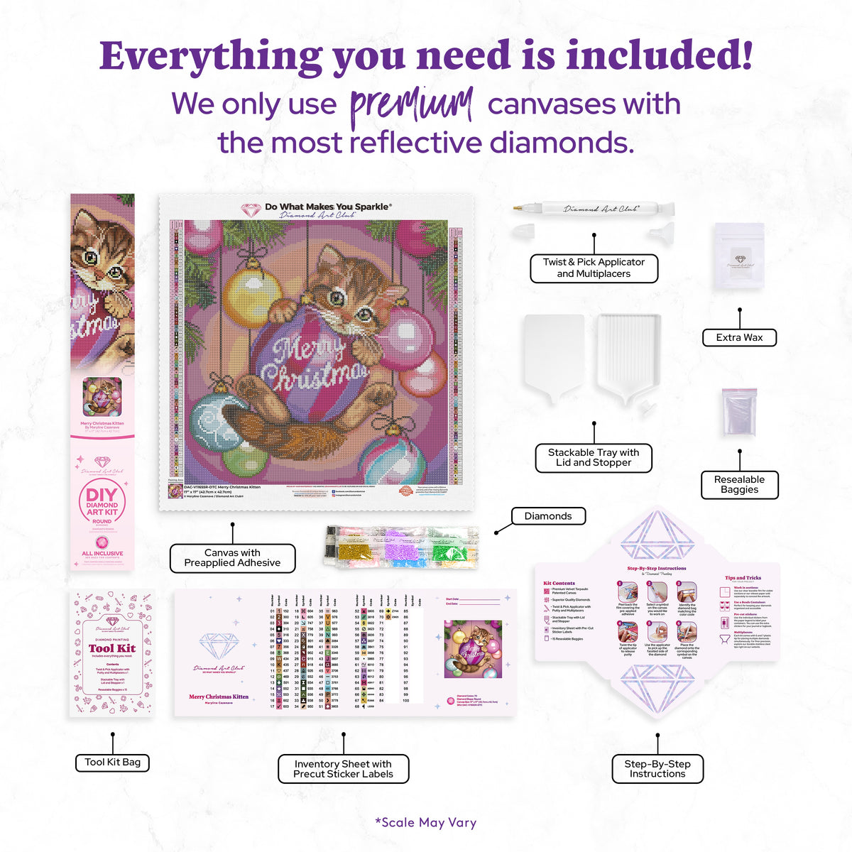 Diamond Painting Merry Christmas Kitten 17" x 17" (42.7cm x 42.7cm) / Round with 70 Colors including 3 ABs and 1 Electro Diamond and 1 Iridescent Diamond and 2 Fairy Dust Diamonds / 24,025