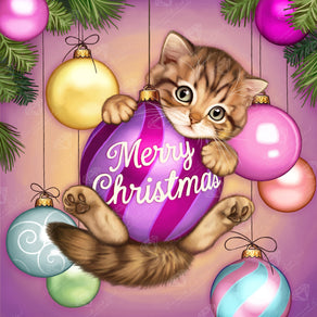 Diamond Painting Merry Christmas Kitten 17" x 17" (42.7cm x 42.7cm) / Round with 70 Colors including 3 ABs and 1 Electro Diamond and 1 Iridescent Diamond and 2 Fairy Dust Diamonds / 24,025