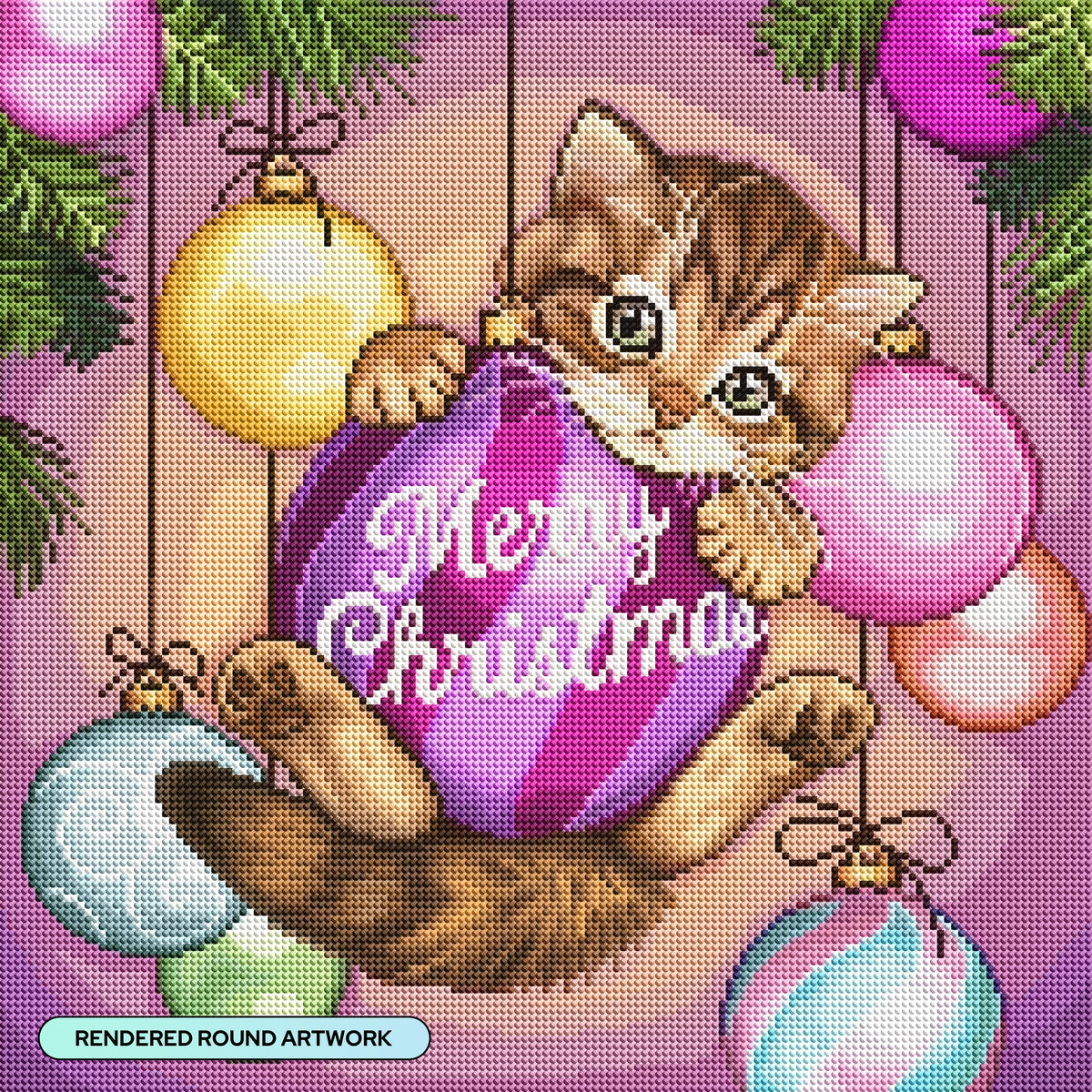 Diamond Painting Merry Christmas Kitten 17" x 17" (42.7cm x 42.7cm) / Round with 70 Colors including 3 ABs and 1 Electro Diamond and 1 Iridescent Diamond and 2 Fairy Dust Diamonds / 24,025