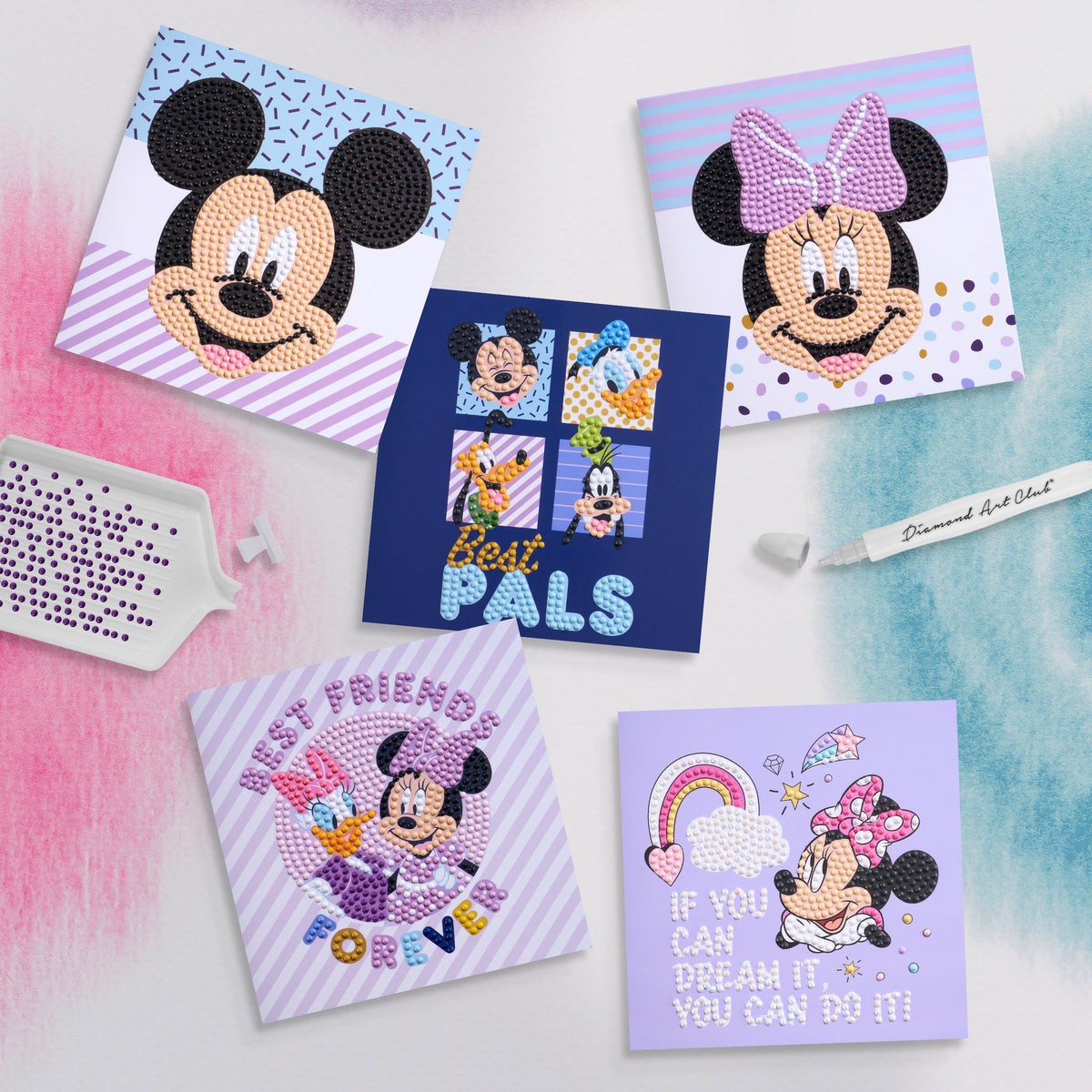 Diamond Painting Mickey and Friends™ DIY Cards (Set of 5) 6.0" x 6.0" (15cm x 15cm) / Round with 26 Colors including 2 ABs and 5 Fairy Dust Diamonds / 3,220