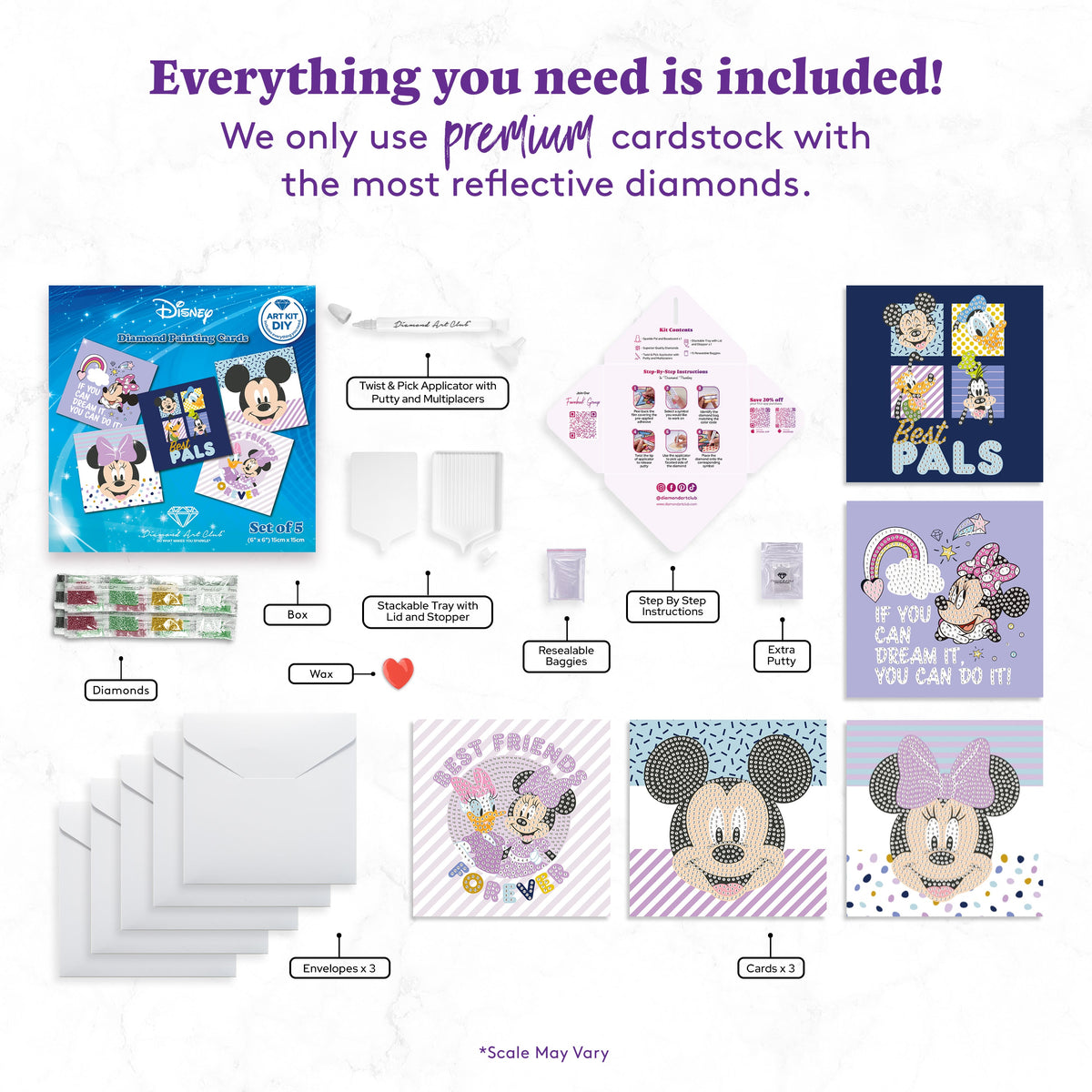 Diamond Painting Mickey and Friends™ DIY Cards (Set of 5) 6.0" x 6.0" (15cm x 15cm) / Round with 26 Colors including 2 ABs and 5 Fairy Dust Diamonds / 3,220