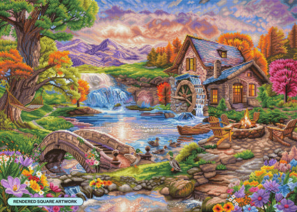 Diamond Painting Mill Pond Sanctuary 38.5" x 27.6" (97.8cm x 69.9cm) / Square with 67 Colors including 5 ABs and 2 Fairy Dust Diamonds / 110,433