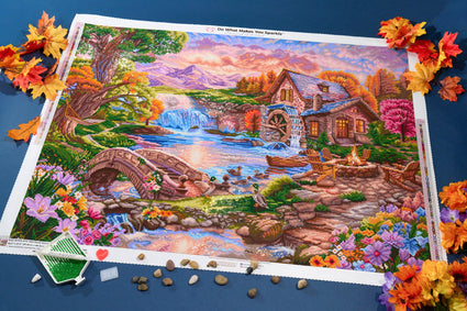Diamond Painting Mill Pond Sanctuary 38.5" x 27.6" (97.8cm x 69.9cm) / Square with 67 Colors including 5 ABs and 2 Fairy Dust Diamonds / 110,433
