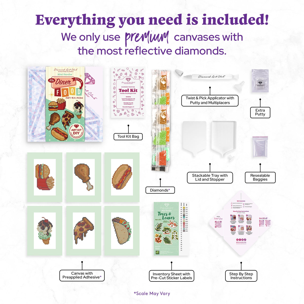 Diamond Painting Mini Dazzles™ - 50s Diner Food 4" x 6" (10.2cm x 15.2cm) / Square With 23 Colors Including 2 ABs and 1 Iridescent Diamond and 20 Fairy Dust Diamonds / 3,156