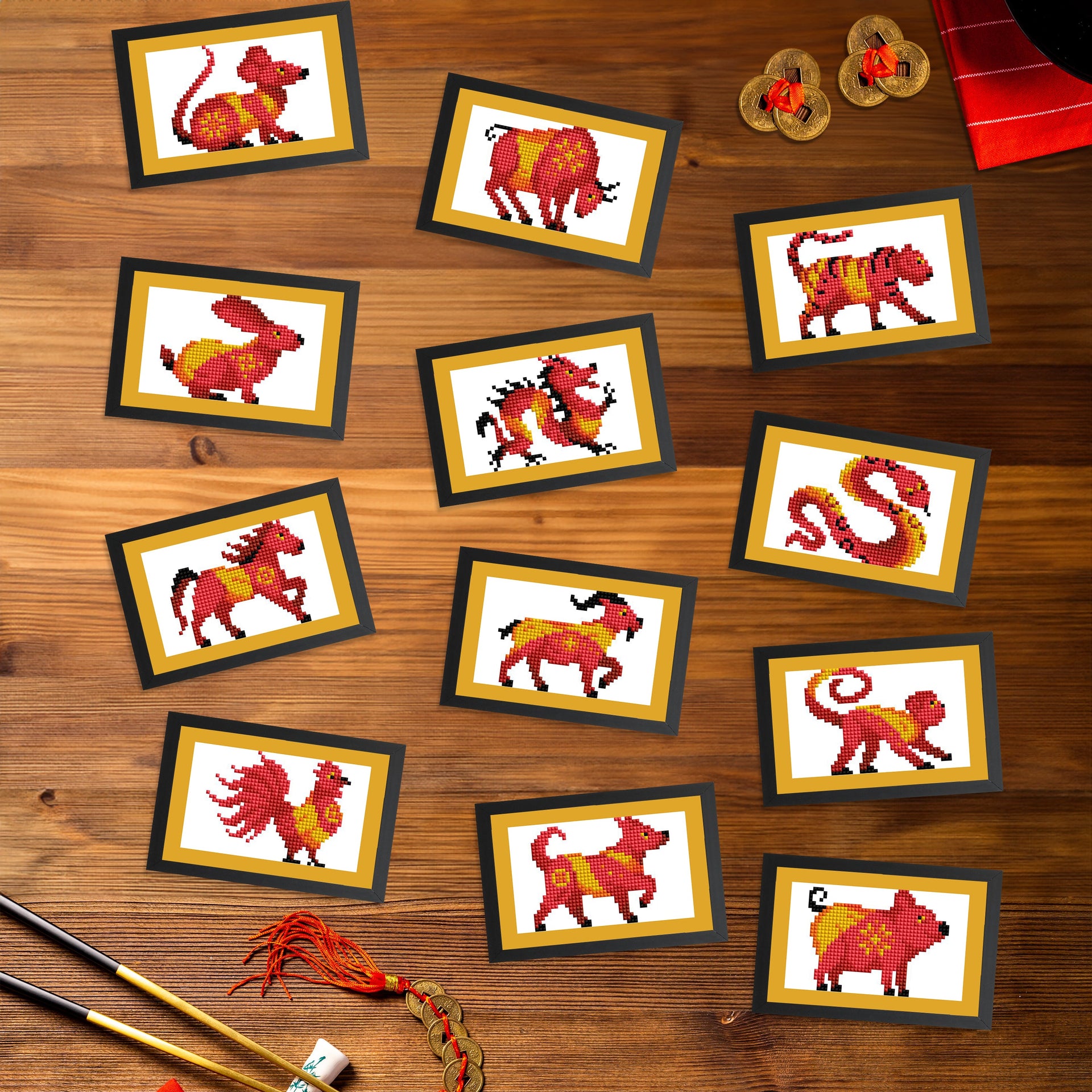 Diamond Painting Mini Dazzles™ - Chinese Zodiac 4" x 6" (10.2cm x 15.2cm) / Square With 8 Colors Including 1 AB and 7 Fairy Dust Diamonds / 7,414